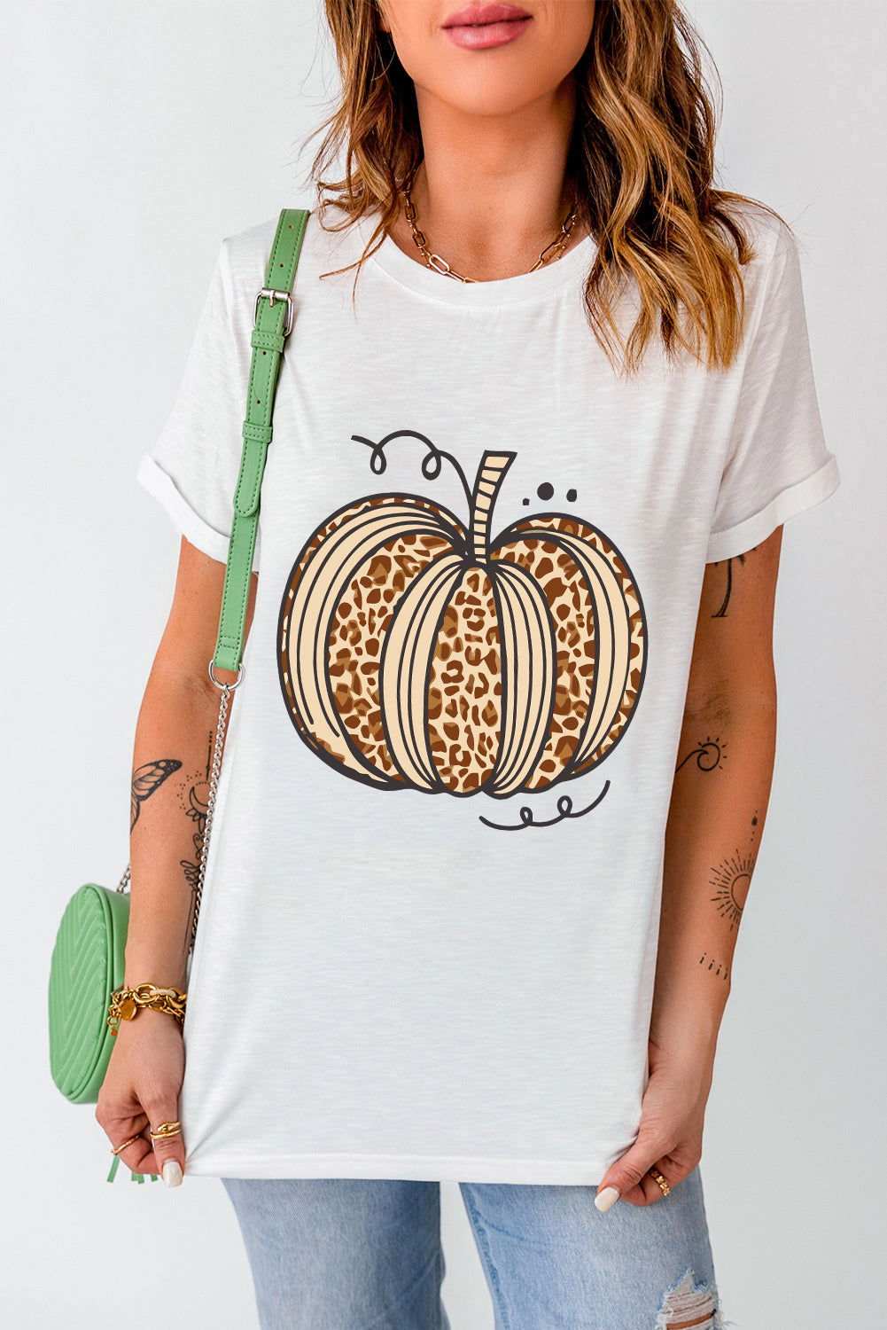 White Halloween Leopard Pumpkin Graphic Crewneck T Shirt 