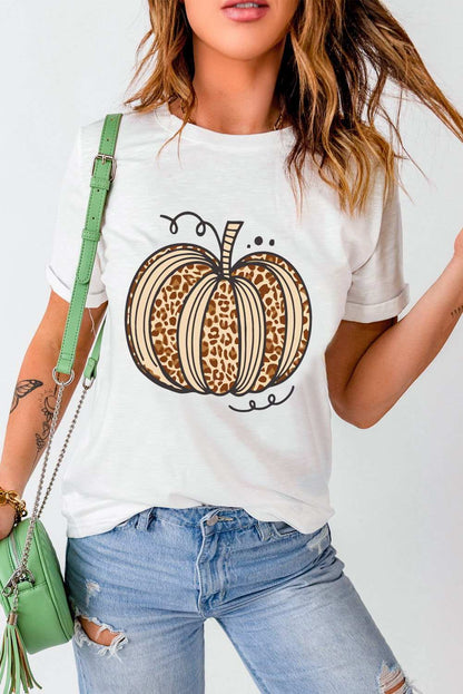 White Halloween Leopard Pumpkin Graphic Crewneck T Shirt 