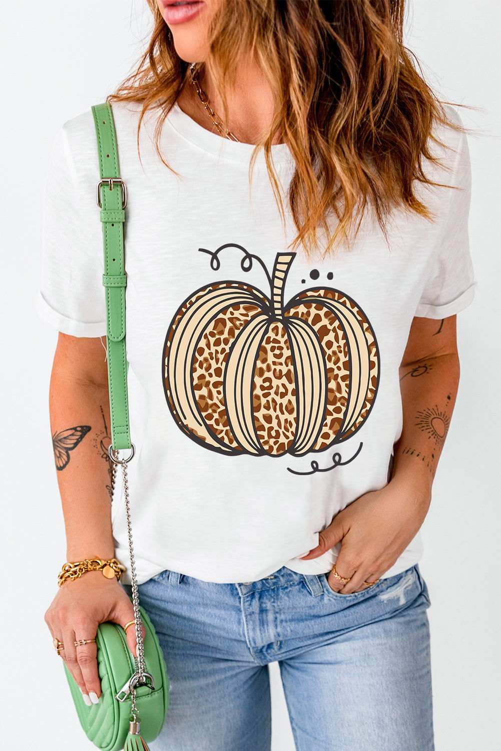 White Halloween Leopard Pumpkin Graphic Crewneck T Shirt 