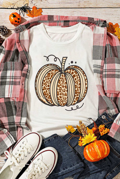 White Halloween Leopard Pumpkin Graphic Crewneck T Shirt 