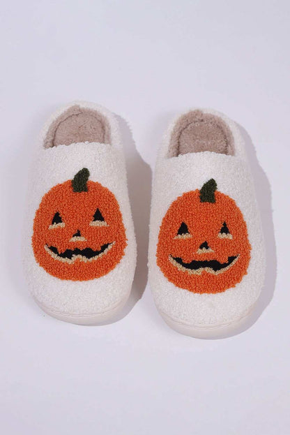 White Halloween Pumpkin Print Plush Slippers 