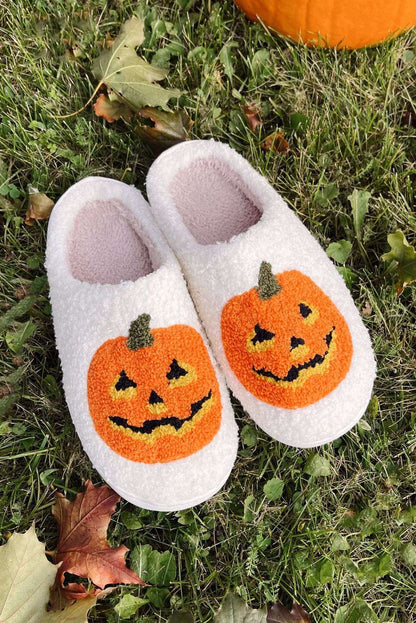 White Halloween Pumpkin Print Plush Slippers 