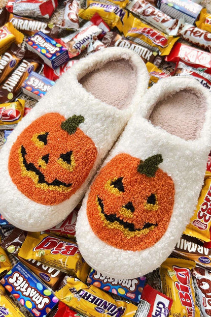 White Halloween Pumpkin Print Plush Slippers 