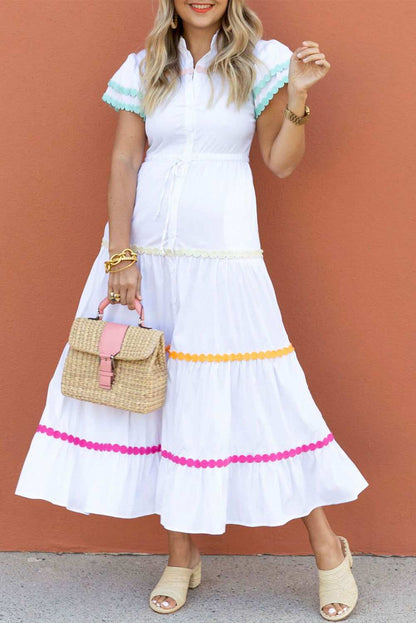 White High Waist Short Sleeve Tiered Shirt Dress 