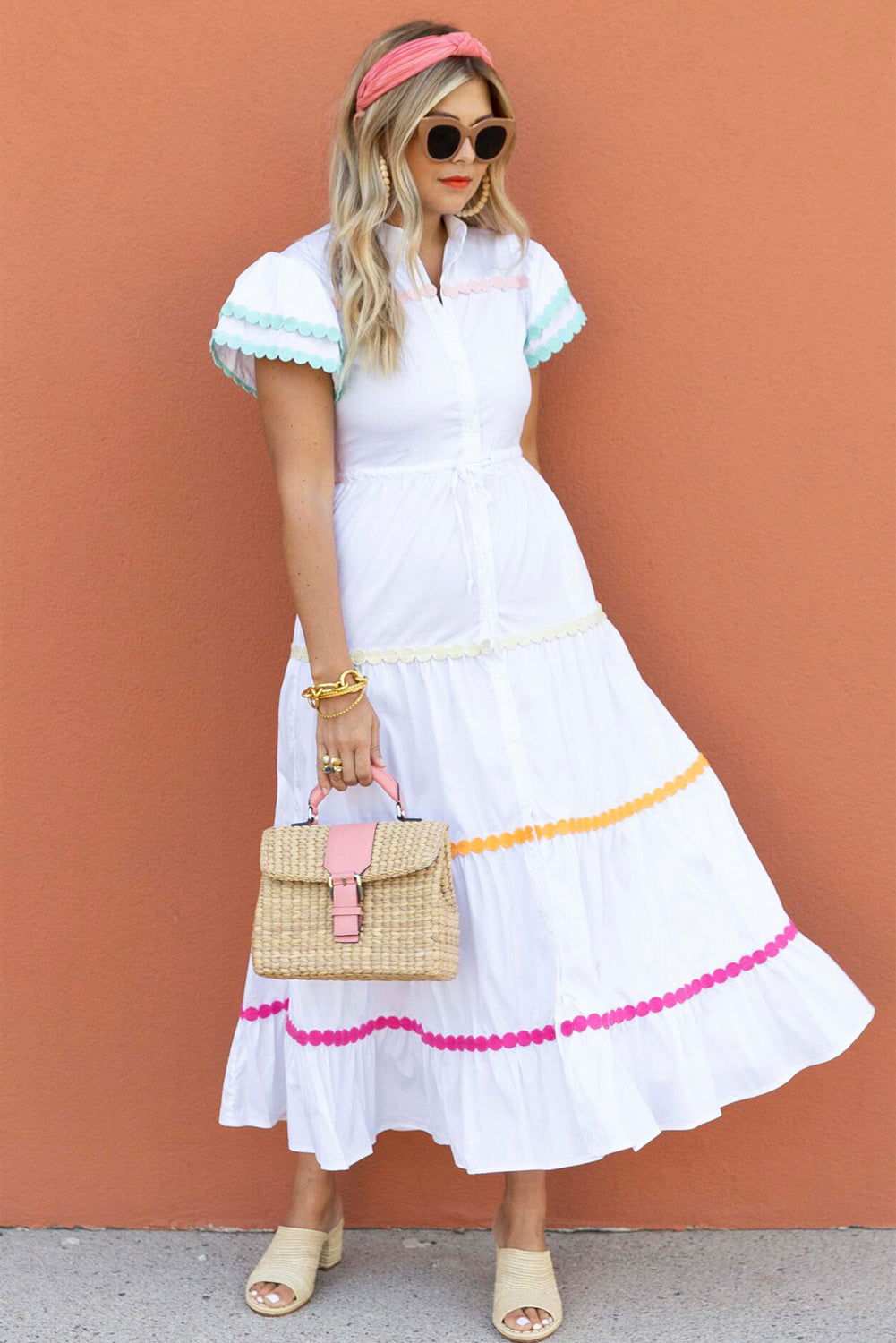 White High Waist Short Sleeve Tiered Shirt Dress 