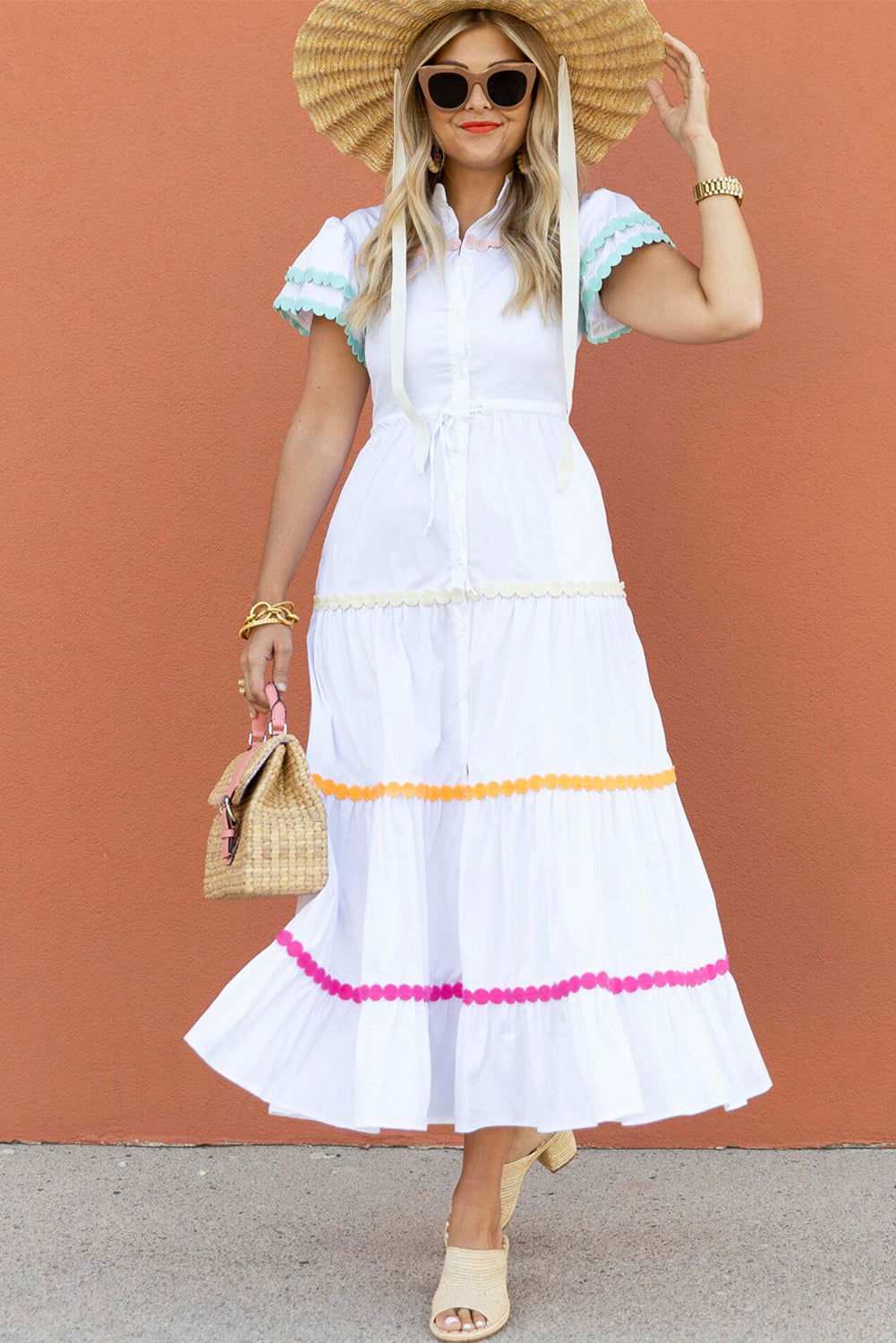 White High Waist Short Sleeve Tiered Shirt Dress 