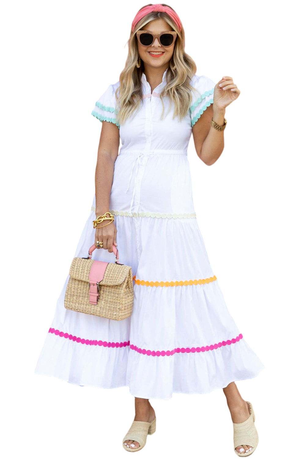 White High Waist Short Sleeve Tiered Shirt Dress 