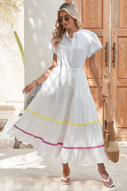 White High Waist Short Sleeve Tiered Shirt Dress 