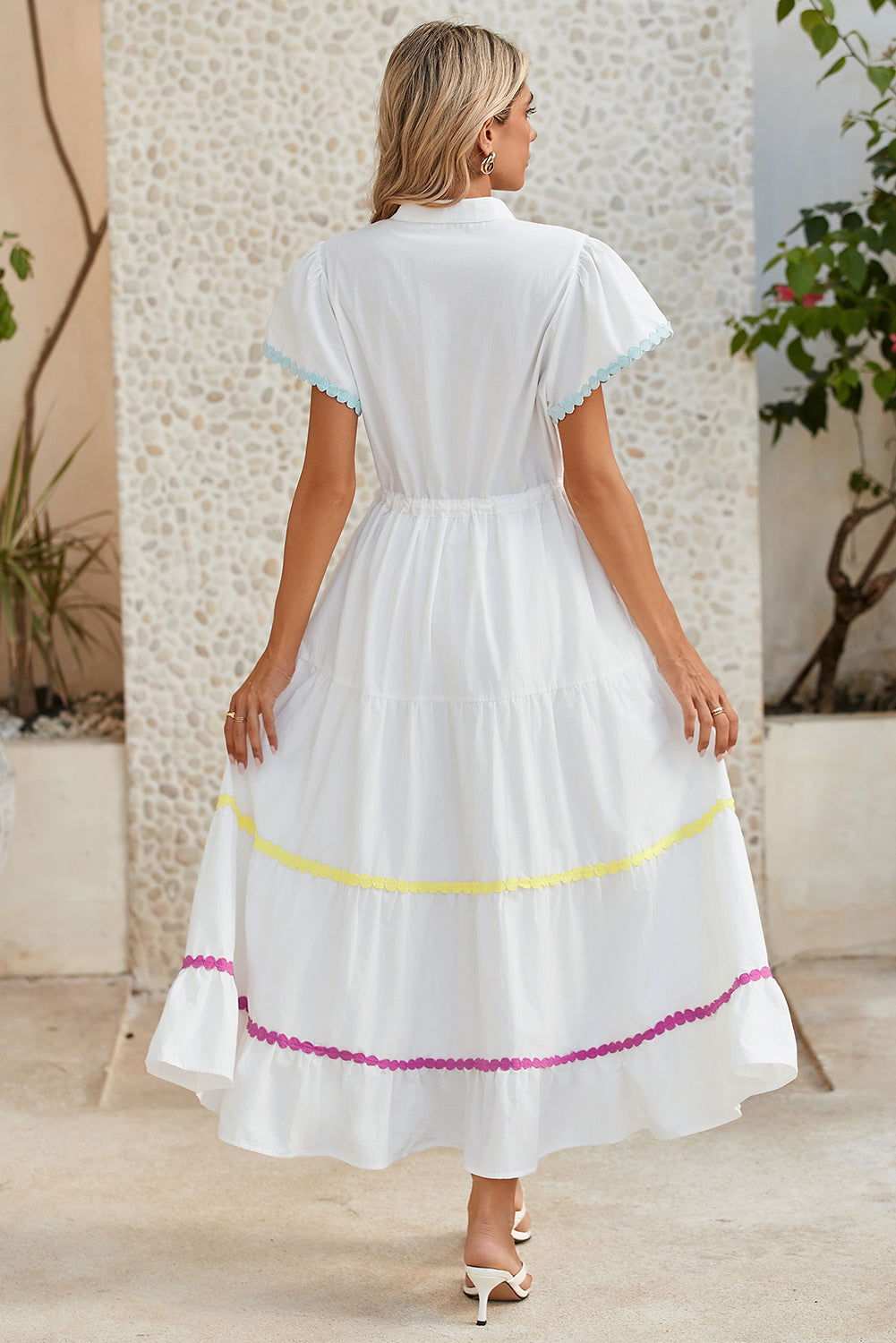 White High Waist Short Sleeve Tiered Shirt Dress 