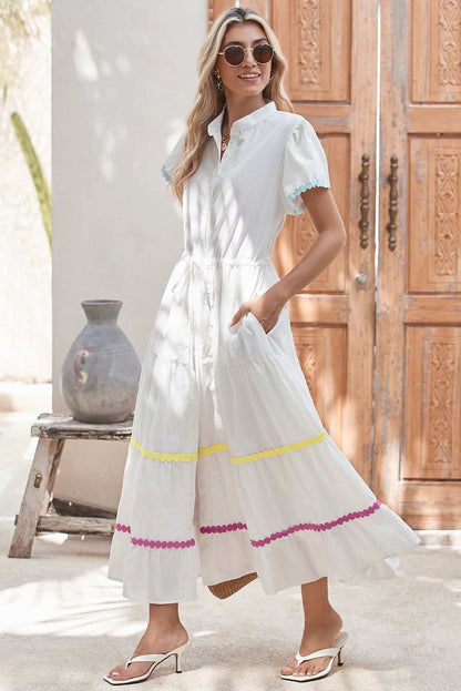 White High Waist Short Sleeve Tiered Shirt Dress 