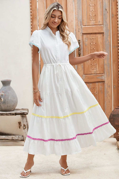 White High Waist Short Sleeve Tiered Shirt Dress 