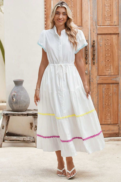 White High Waist Short Sleeve Tiered Shirt Dress 