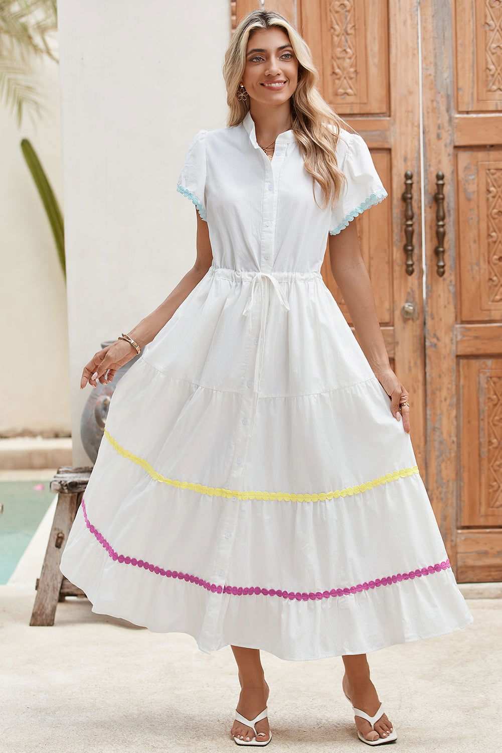 White High Waist Short Sleeve Tiered Shirt Dress 