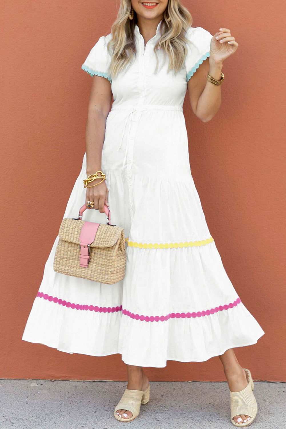 White High Waist Short Sleeve Tiered Shirt Dress 