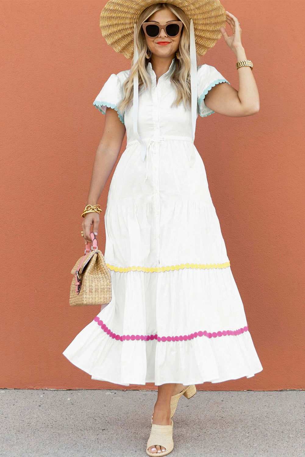 White High Waist Short Sleeve Tiered Shirt Dress 