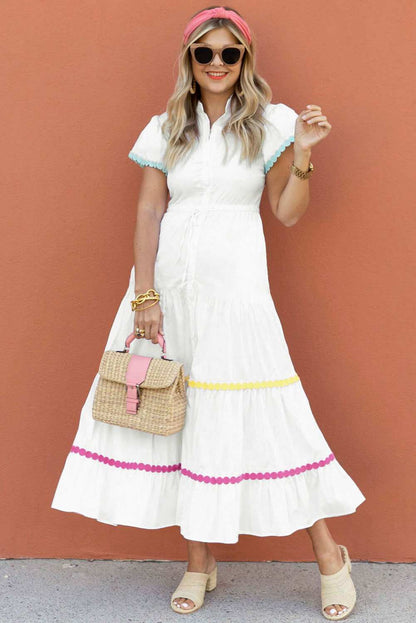 White High Waist Short Sleeve Tiered Shirt Dress 