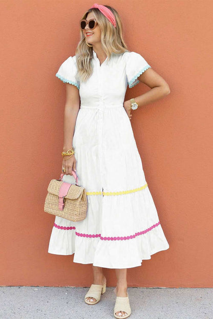 White High Waist Short Sleeve Tiered Shirt Dress 