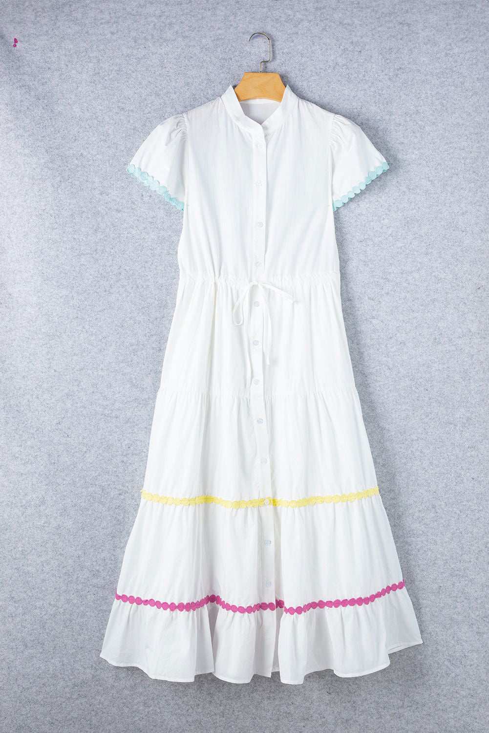 White High Waist Short Sleeve Tiered Shirt Dress 