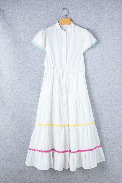 White High Waist Short Sleeve Tiered Shirt Dress 