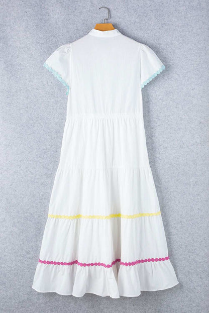 White High Waist Short Sleeve Tiered Shirt Dress 