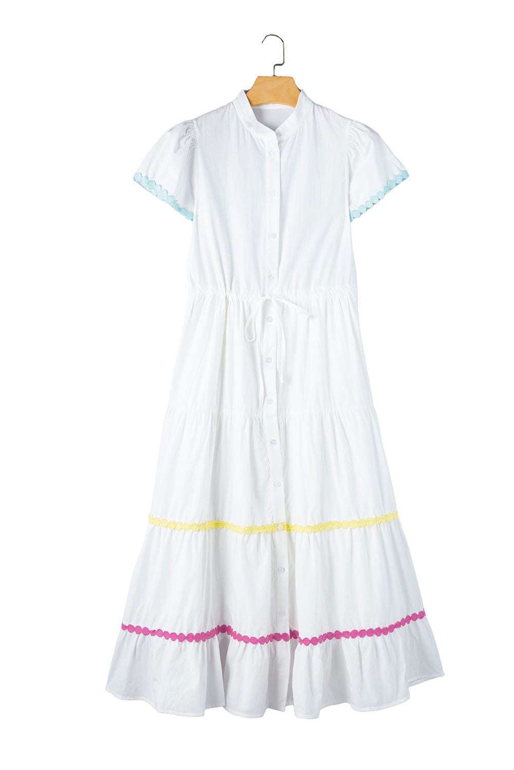 White High Waist Short Sleeve Tiered Shirt Dress 