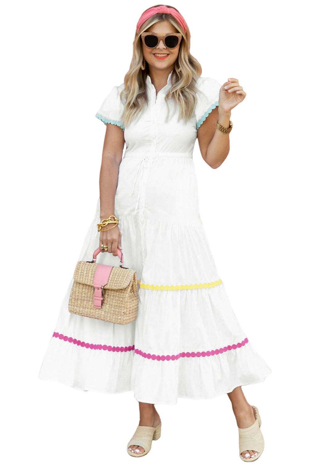 White High Waist Short Sleeve Tiered Shirt Dress 