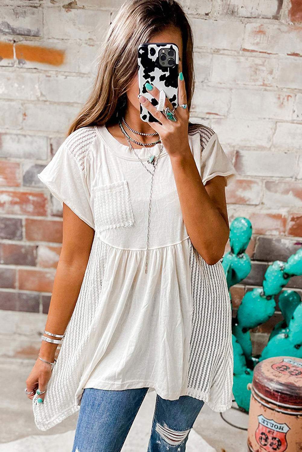 White Hollow Knit Splicing Keyhole Back Tunic Top 