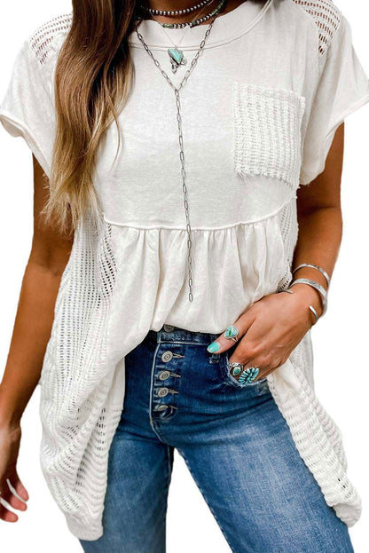 White Hollow Knit Splicing Keyhole Back Tunic Top 