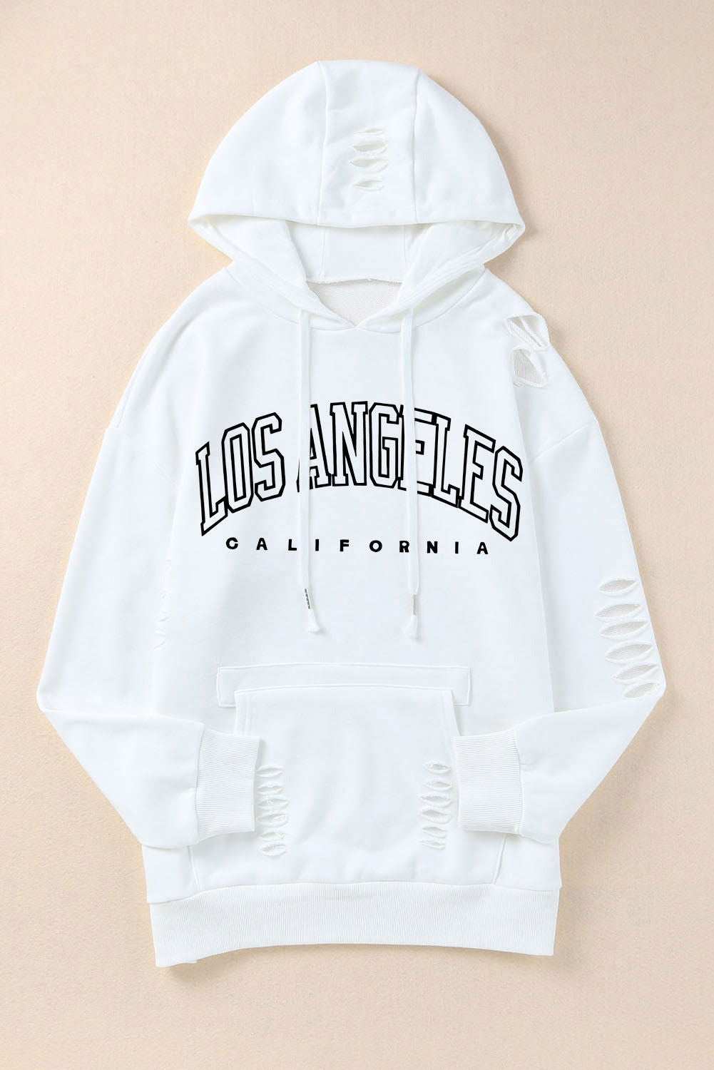 White LOS ANGELES CALIFORNIA Graphic Distressed Sleeve Hoodie 