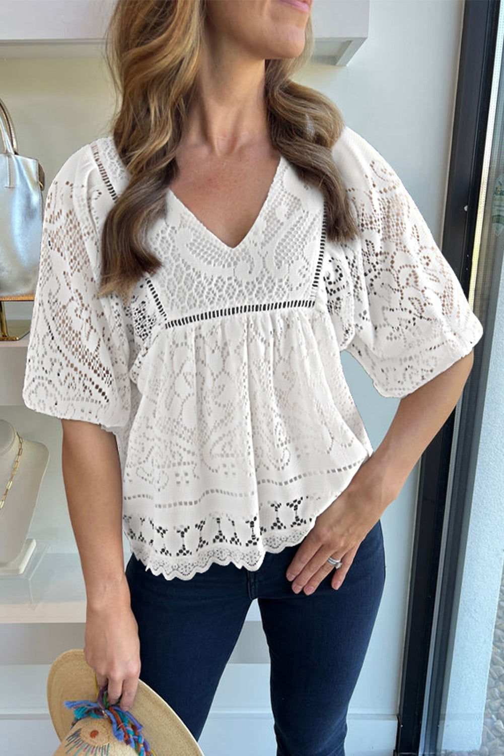 White Lace Crochet Hollowed Scallop Hem V Neck Blouse 