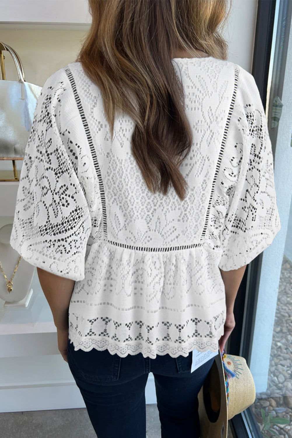 White Lace Crochet Hollowed Scallop Hem V Neck Blouse 