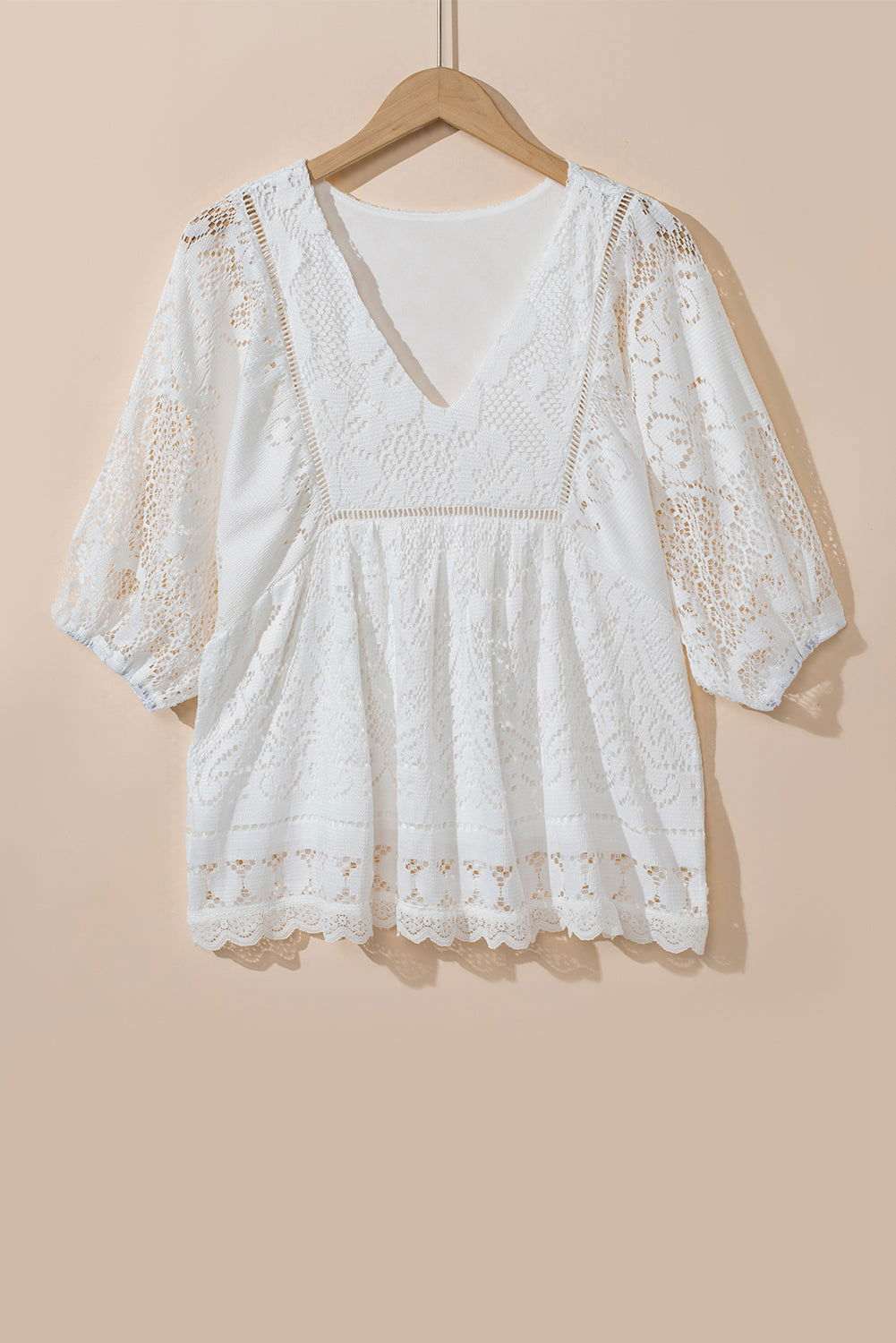 White Lace Crochet Hollowed Scallop Hem V Neck Blouse 