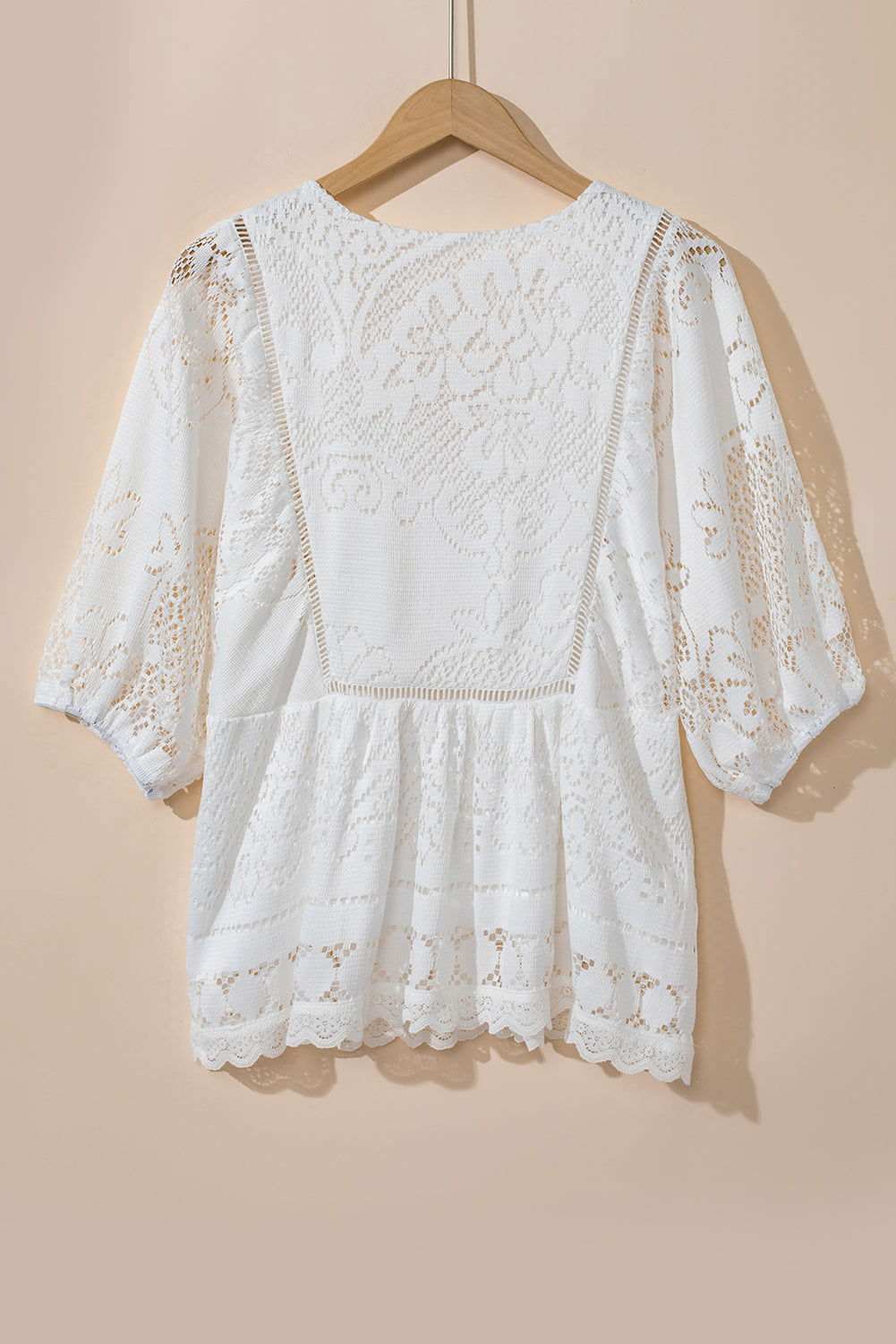 White Lace Crochet Hollowed Scallop Hem V Neck Blouse 