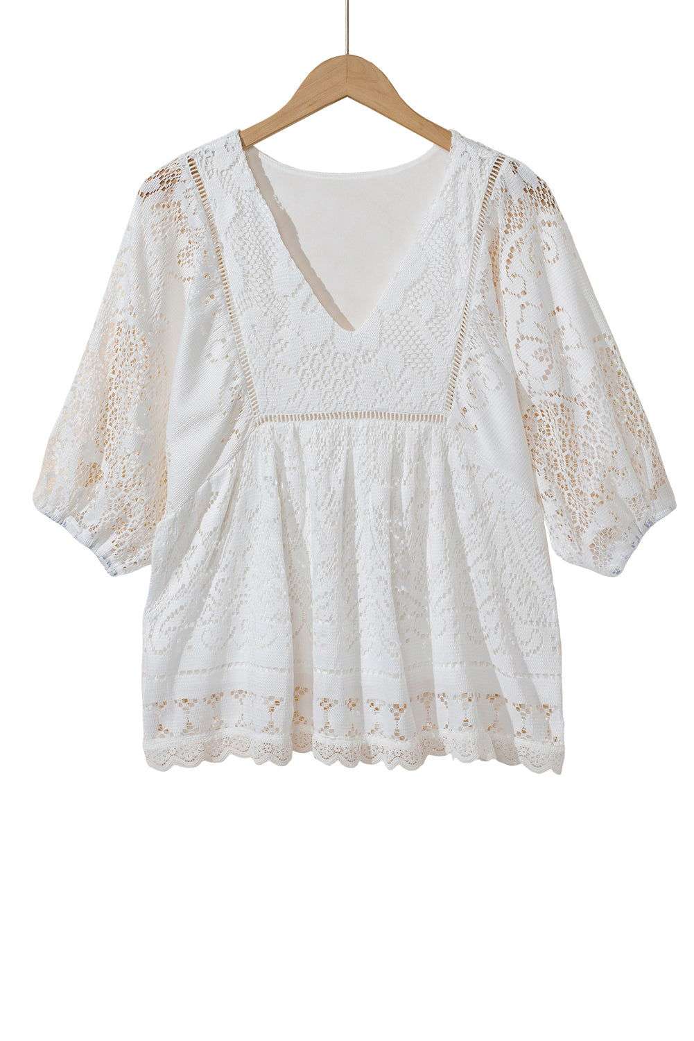 White Lace Crochet Hollowed Scallop Hem V Neck Blouse 