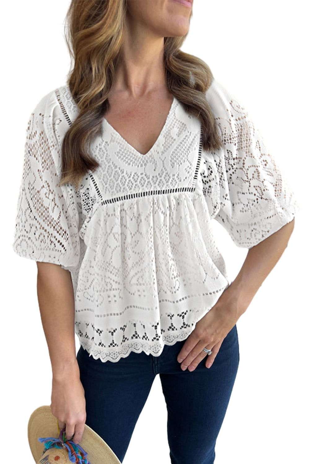 White Lace Crochet Hollowed Scallop Hem V Neck Blouse 