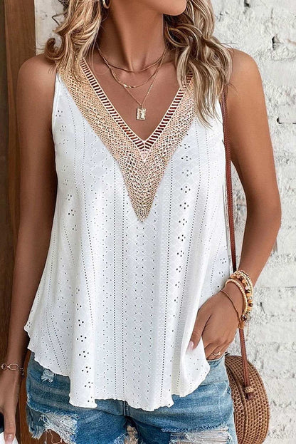 White Lace Crochet Splicing Eyelet V Neck Tank Top 