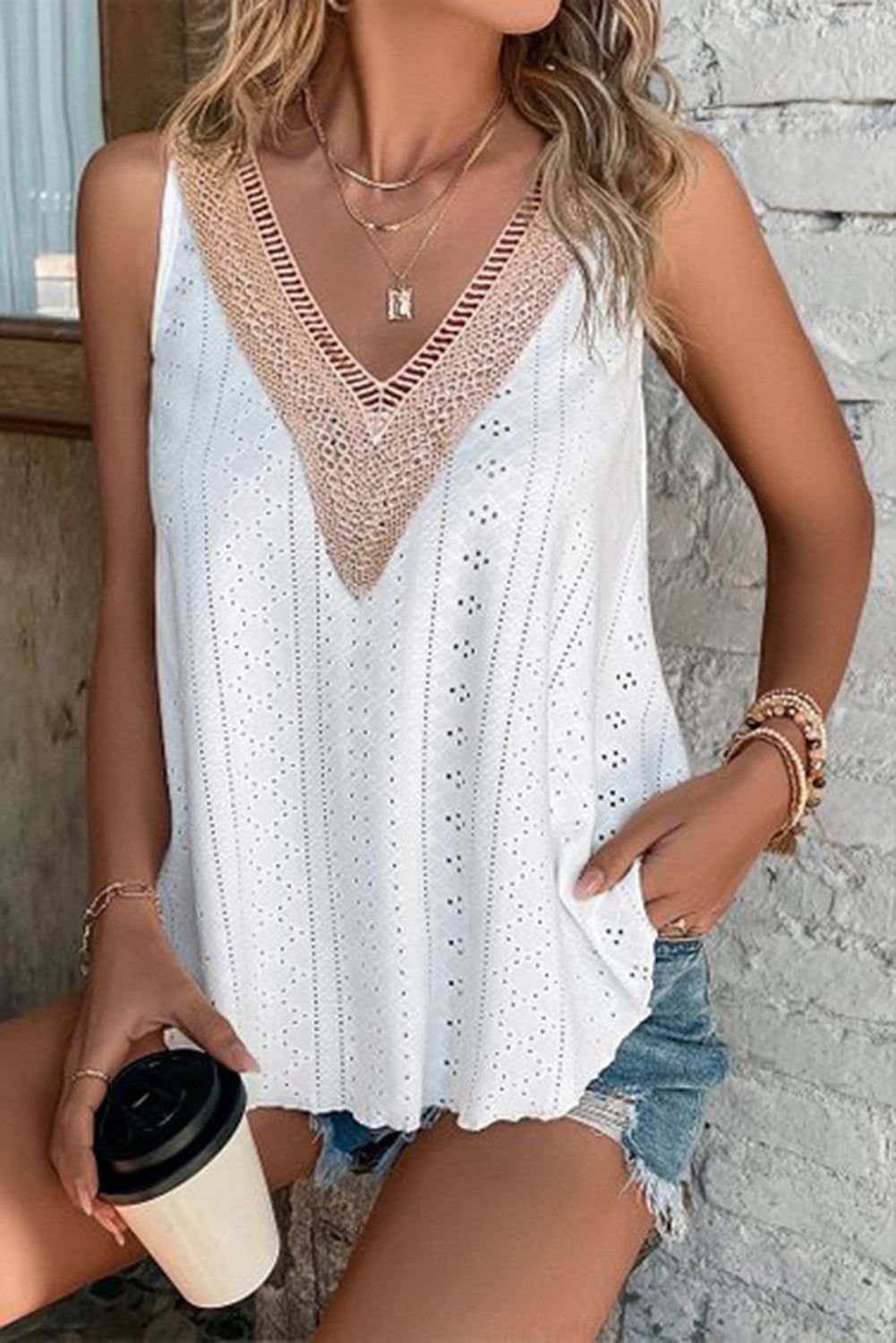 White Lace Crochet Splicing Eyelet V Neck Tank Top 