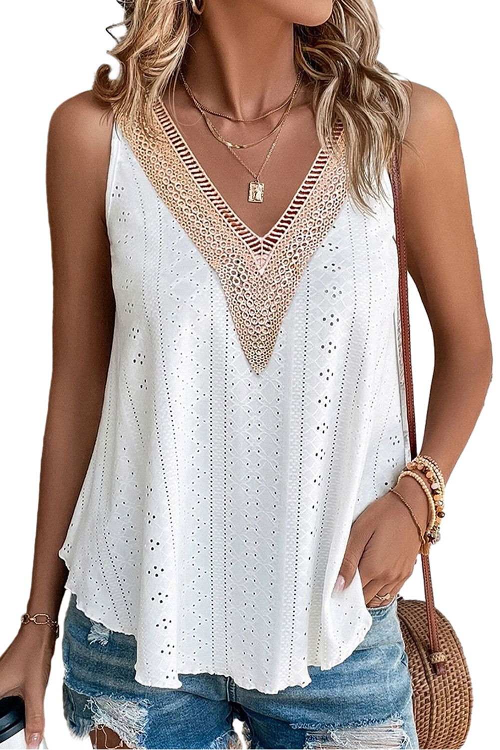 White Lace Crochet Splicing Eyelet V Neck Tank Top 