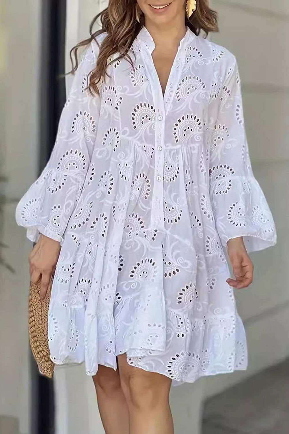 White Lace Embroidery Hollow Flower V Neck Loose Short Dress 