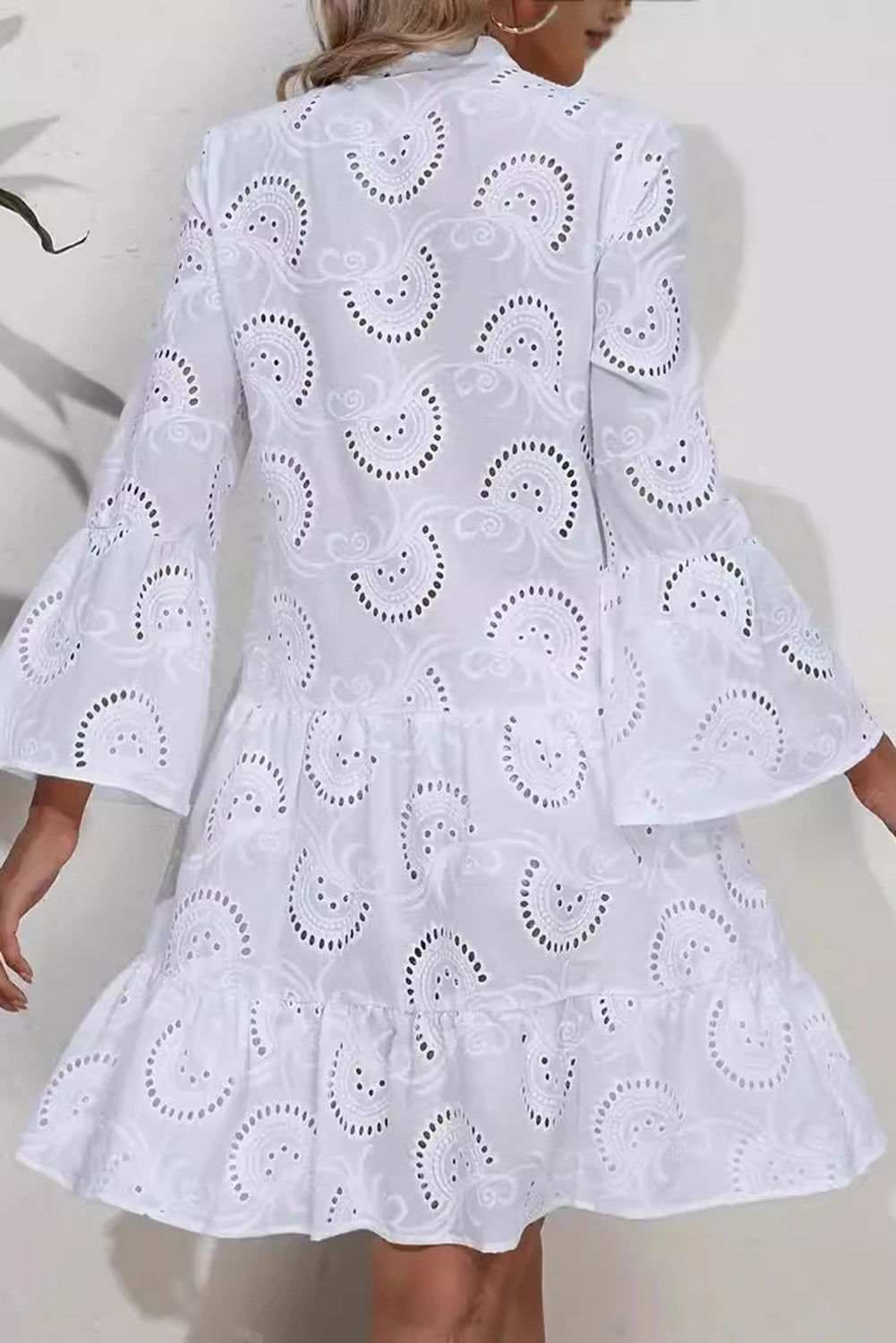 White Lace Embroidery Hollow Flower V Neck Loose Short Dress 