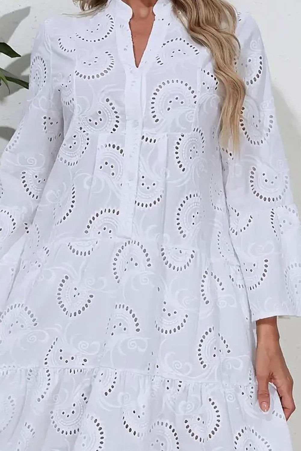 White Lace Embroidery Hollow Flower V Neck Loose Short Dress 