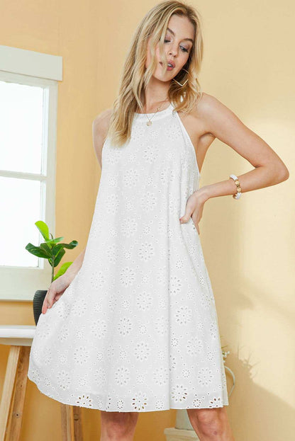 White Lace Eyelet Sleeveless O-Neck Keyhole Back Mini Dress 