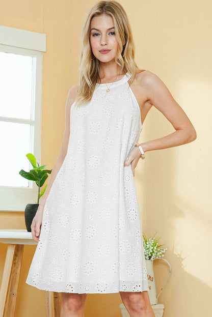 White Lace Eyelet Sleeveless O-Neck Keyhole Back Mini Dress 