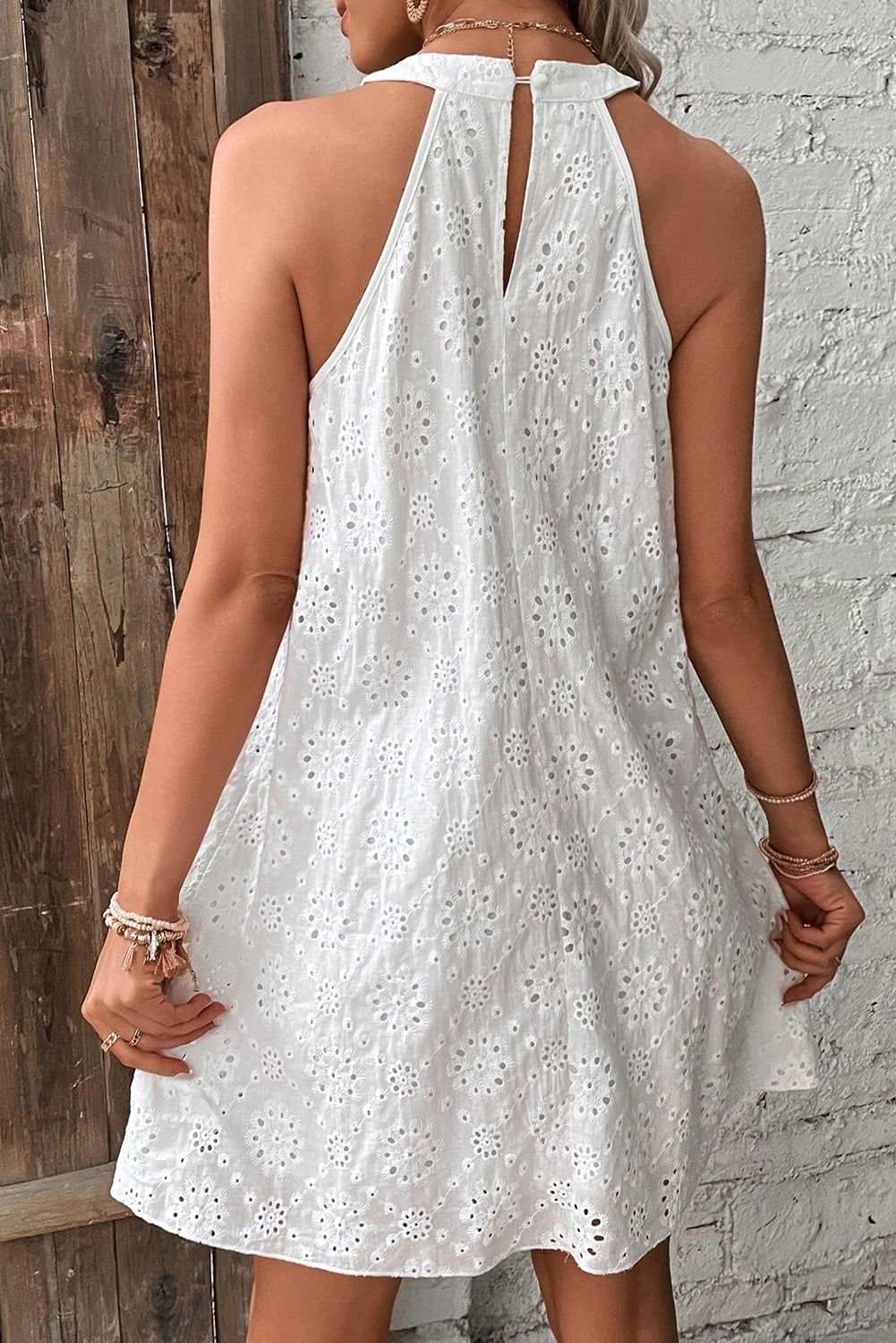 White Lace Eyelet Sleeveless O-Neck Keyhole Back Mini Dress 