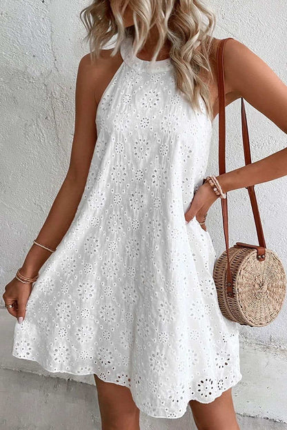 White Lace Eyelet Sleeveless O-Neck Keyhole Back Mini Dress 