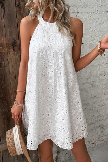 White Lace Eyelet Sleeveless O-Neck Keyhole Back Mini Dress 