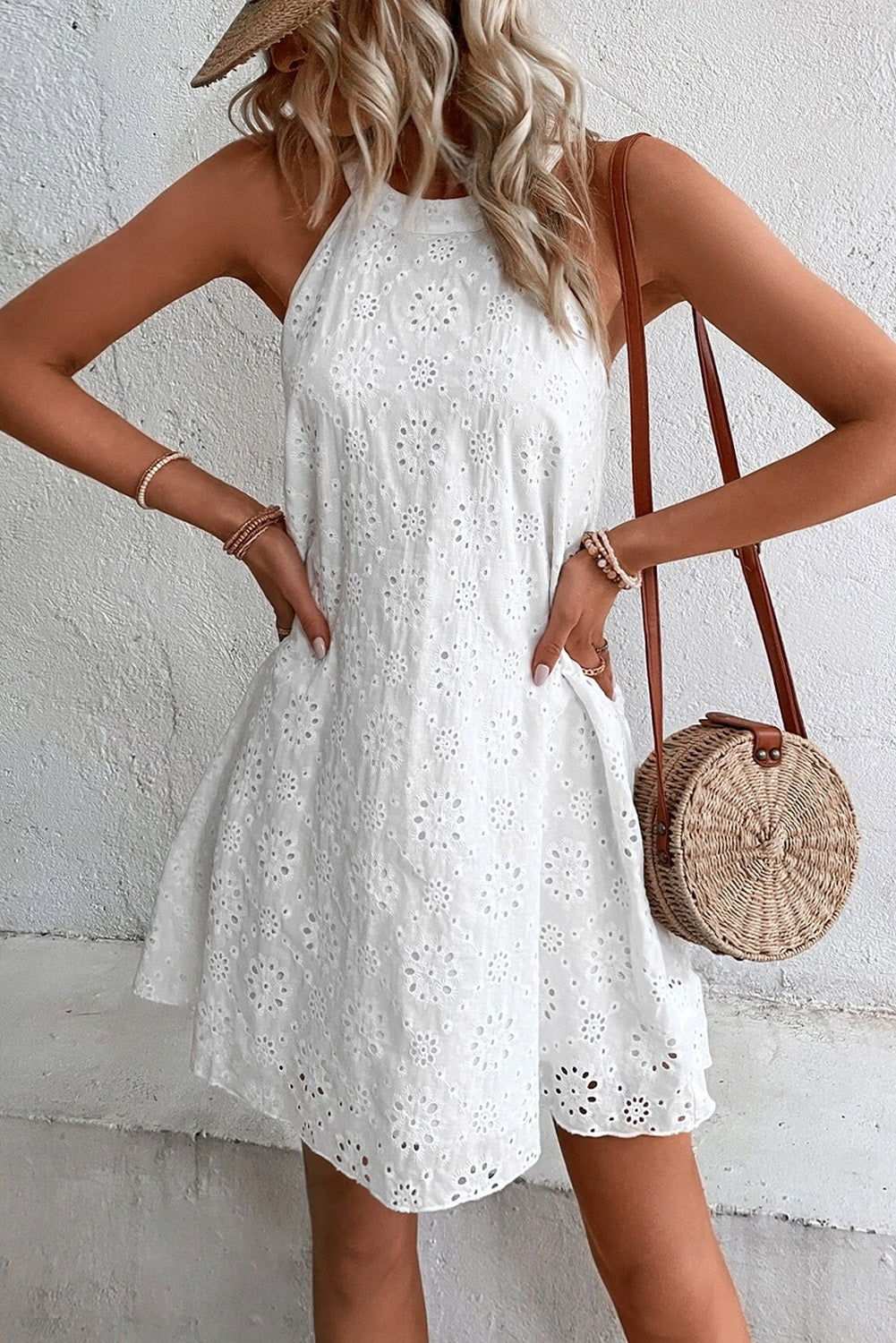 White Lace Eyelet Sleeveless O-Neck Keyhole Back Mini Dress 