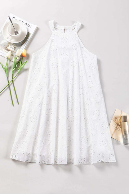 White Lace Eyelet Sleeveless O-Neck Keyhole Back Mini Dress 