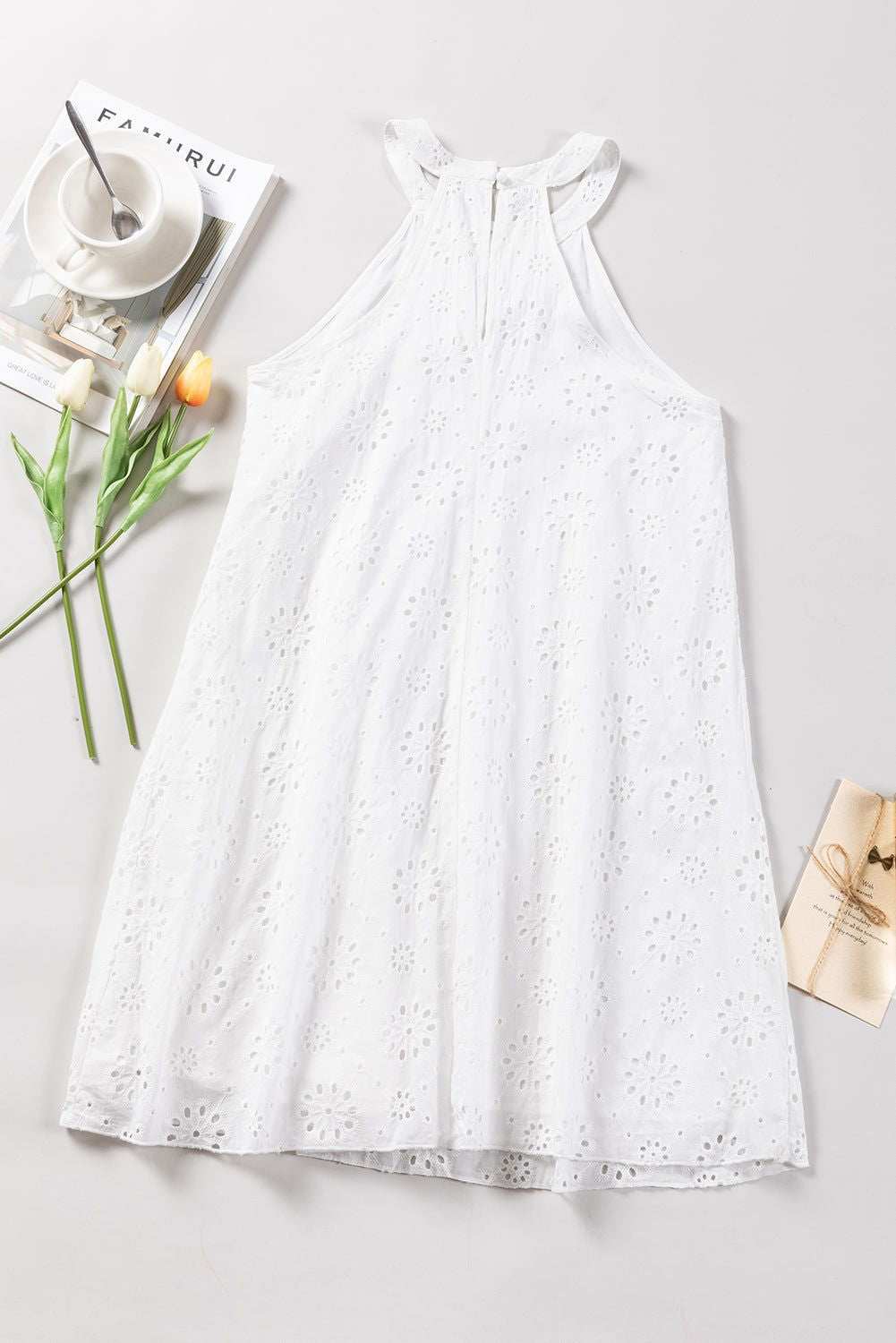 White Lace Eyelet Sleeveless O-Neck Keyhole Back Mini Dress 