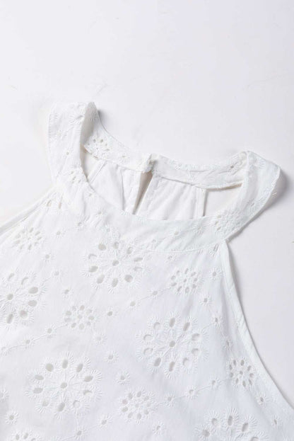 White Lace Eyelet Sleeveless O-Neck Keyhole Back Mini Dress 